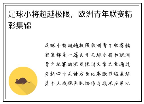 足球小将超越极限，欧洲青年联赛精彩集锦