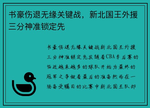 书豪伤退无缘关键战，新北国王外援三分神准锁定先
