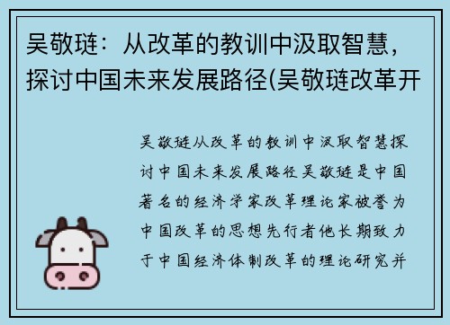 吴敬琏：从改革的教训中汲取智慧，探讨中国未来发展路径(吴敬琏改革开放40年)