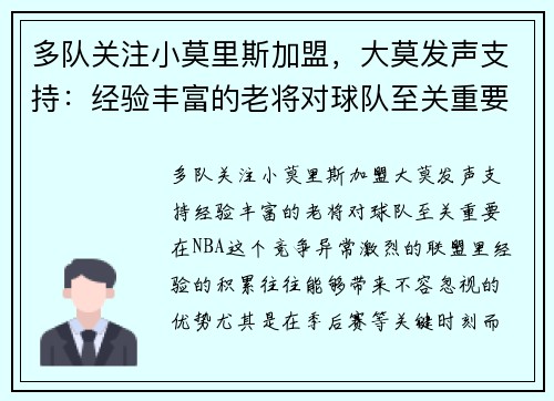 多队关注小莫里斯加盟，大莫发声支持：经验丰富的老将对球队至关重要