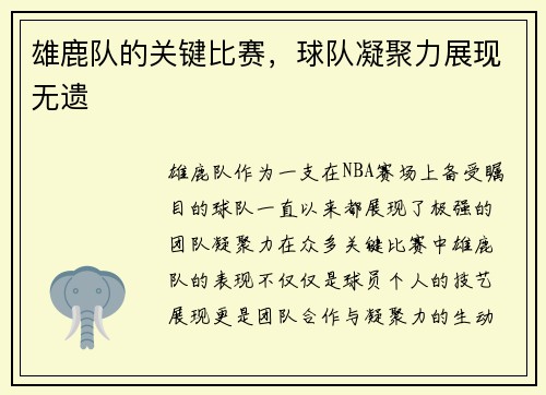 雄鹿队的关键比赛，球队凝聚力展现无遗