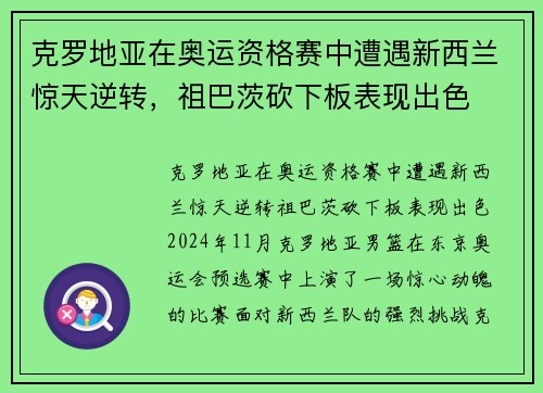克罗地亚在奥运资格赛中遭遇新西兰惊天逆转，祖巴茨砍下板表现出色