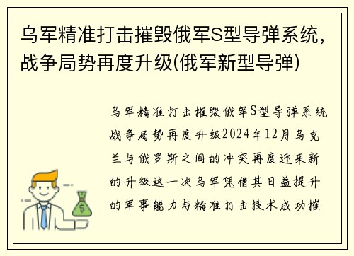 乌军精准打击摧毁俄军S型导弹系统，战争局势再度升级(俄军新型导弹)