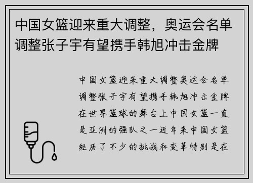 中国女篮迎来重大调整，奥运会名单调整张子宇有望携手韩旭冲击金牌