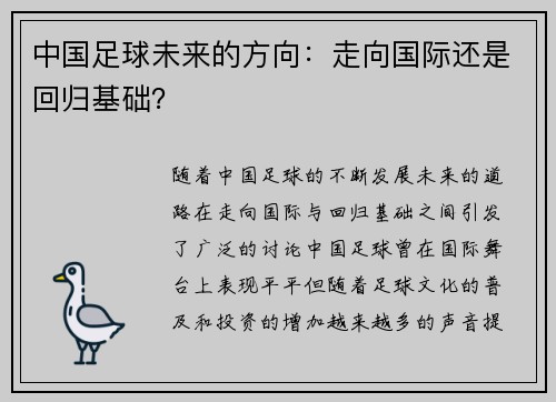 中国足球未来的方向：走向国际还是回归基础？