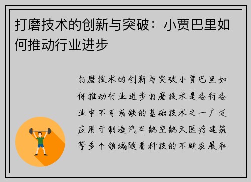 打磨技术的创新与突破：小贾巴里如何推动行业进步