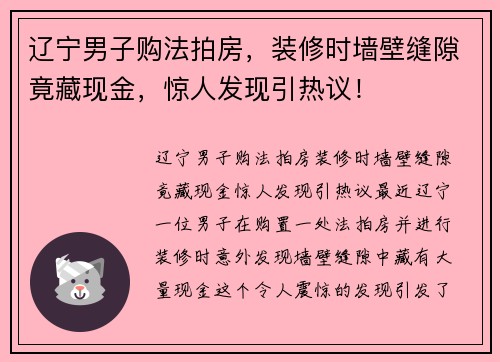 辽宁男子购法拍房，装修时墙壁缝隙竟藏现金，惊人发现引热议！