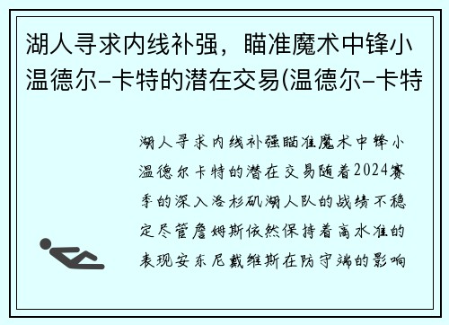 湖人寻求内线补强，瞄准魔术中锋小温德尔-卡特的潜在交易(温德尔-卡特集锦)