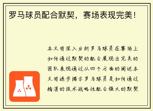 罗马球员配合默契，赛场表现完美！